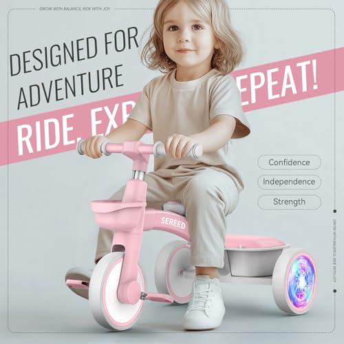 SEREED Colorful Lighting Toddler Tricycle for 25 Years Old Girls Adjustable SeatHandlebar Trike Removable Basket Birthday Gift Idea for Kids Ages 2 Pink - Image 5