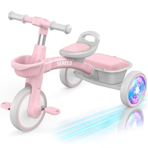 SEREED Colorful Lighting Toddler Tricycle for 25 Years Old Girls Adjustable SeatHandlebar Trike Removable Basket Birthday Gift Idea for Kids Ages 2 Pink - Image 1
