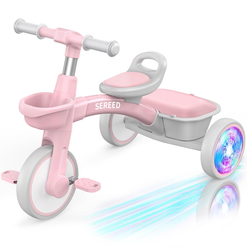 SEREED Colorful Lighting Toddler Tricycle for 25 Years Old Girls Adjustable SeatHandlebar Trike Removable Basket Birthday Gift Idea for Kids Ages 2 Pink - Image 2