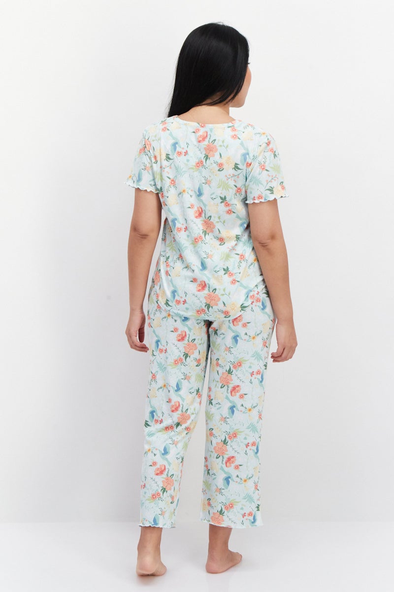 PJ Couture Women 2 Piece Floral Print Top And Bottom Pajama Set, Aqua Combo - Image 3