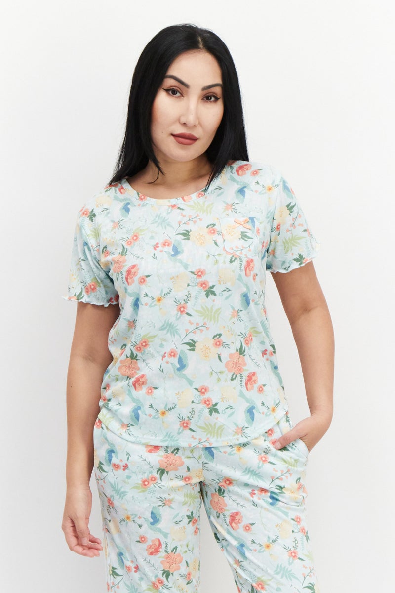 PJ Couture Women 2 Piece Floral Print Top And Bottom Pajama Set, Aqua Combo - Image 4