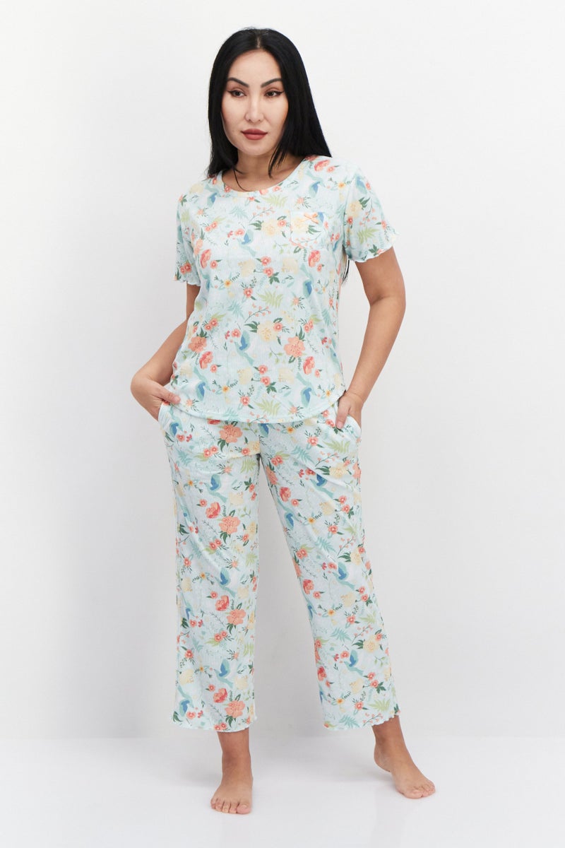 PJ Couture Women 2 Piece Floral Print Top And Bottom Pajama Set, Aqua Combo - Image 1