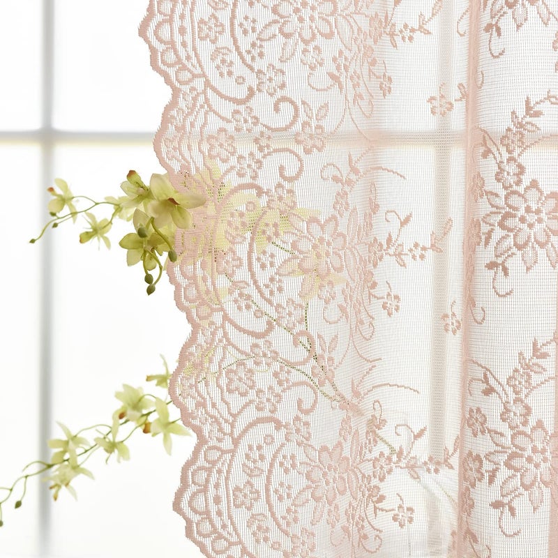 Kotile Blush Lace Curtains 84 Inches Long, Embroidery Country Rustic Floral Sheer Lace Curtains for Girls Room, Rod Pocket Privacy Window Lace Sheer Curtains, 52 x 84 in, 2 Panels, Blush Pink - Image 1