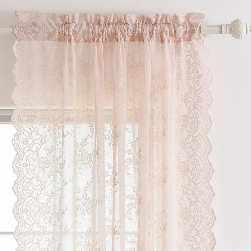 Kotile Blush Lace Curtains 84 Inches Long, Embroidery Country Rustic Floral Sheer Lace Curtains for Girls Room, Rod Pocket Privacy Window Lace Sheer Curtains, 52 x 84 in, 2 Panels, Blush Pink - Image 4