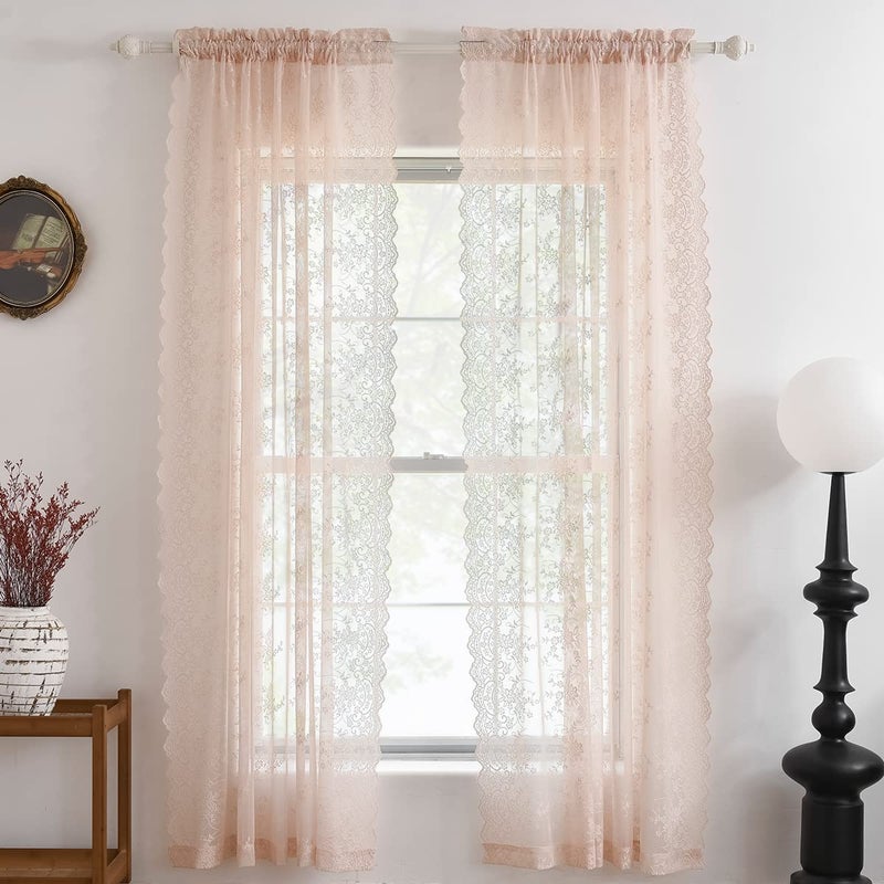 Kotile Blush Lace Curtains 84 Inches Long, Embroidery Country Rustic Floral Sheer Lace Curtains for Girls Room, Rod Pocket Privacy Window Lace Sheer Curtains, 52 x 84 in, 2 Panels, Blush Pink - Image 2