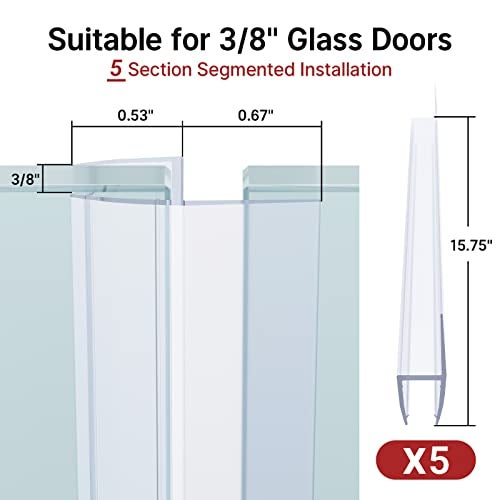 AmazerBath 5 PCS Shower Door Side Seal Strip for 3/8 Inch Glass - 15.75 Inches x 5, 5 Sections Segmented Shower Installation Kit, Frameless Glass Door Seal Strip - Image 3