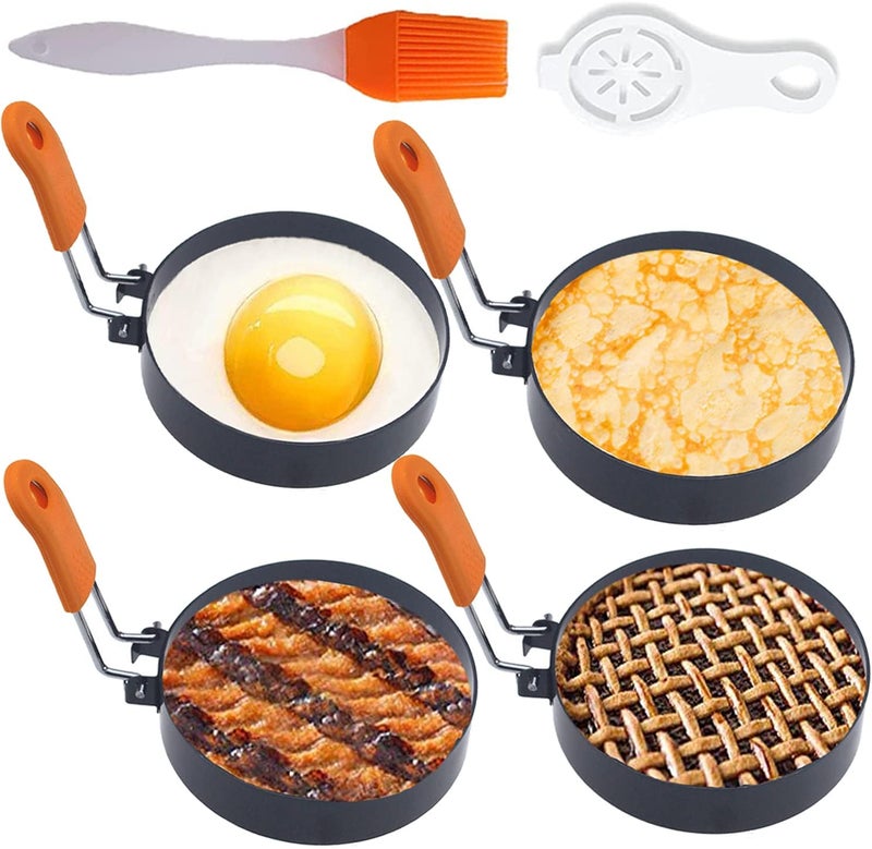 WOWITIS Upgrade 4" Large Egg Rings Set for Griddle,4 Packs Non-stick Stainless Steel Round Egg Ring for Frying Egg Pancake Mold Ring Omelette Ring Shapper for Muffin with 1X Oil Brush & 1X Egg Separator - Image 1