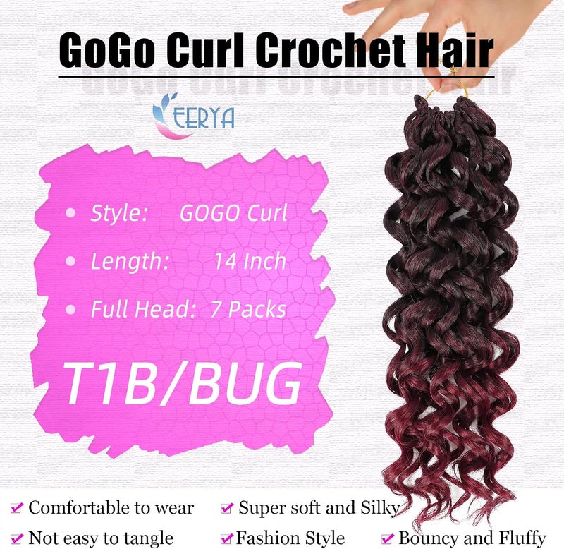 Eerya 7 Packs GoGo Curl Crochet Hair 14 Inch Red Burgundy Short Curly Crochet Hair for Women Beach Curl Water Wave Deep Twist Crochet Braids Synthetic Braiding Hair Extensions (14 Inch, T1B/BUG) - Image 3