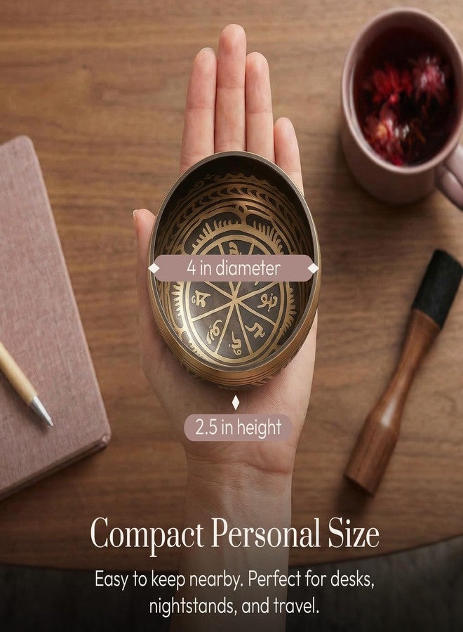 Silent Mind Tibetan Singing Bowl Set ~ Easy to Play with Dual-End Striker & Cushion ~ Beautiful Sound for Holistic Healing, Stress Relief, Meditation & Relaxation ~ Gratitude Pattern ~ Antique Light Brown Bowl - Image 4