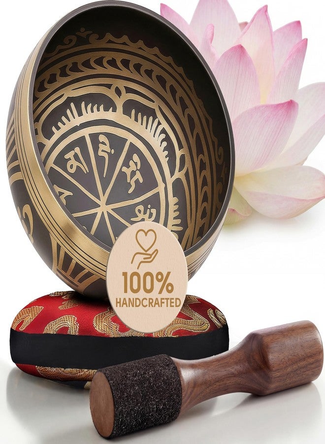 Silent Mind Tibetan Singing Bowl Set ~ Easy to Play with Dual-End Striker & Cushion ~ Beautiful Sound for Holistic Healing, Stress Relief, Meditation & Relaxation ~ Gratitude Pattern ~ Antique Light Brown Bowl - Image 1