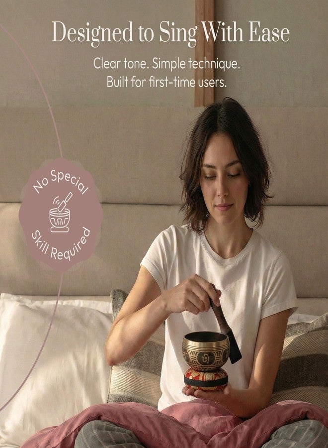 Silent Mind Tibetan Singing Bowl Set ~ Easy to Play with Dual-End Striker & Cushion ~ Beautiful Sound for Holistic Healing, Stress Relief, Meditation & Relaxation ~ Gratitude Pattern ~ Antique Light Brown Bowl - Image 2