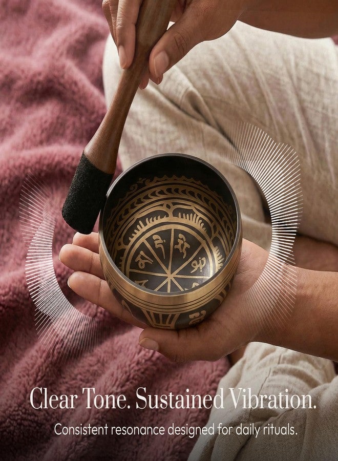 Silent Mind Tibetan Singing Bowl Set ~ Easy to Play with Dual-End Striker & Cushion ~ Beautiful Sound for Holistic Healing, Stress Relief, Meditation & Relaxation ~ Gratitude Pattern ~ Antique Light Brown Bowl - Image 3