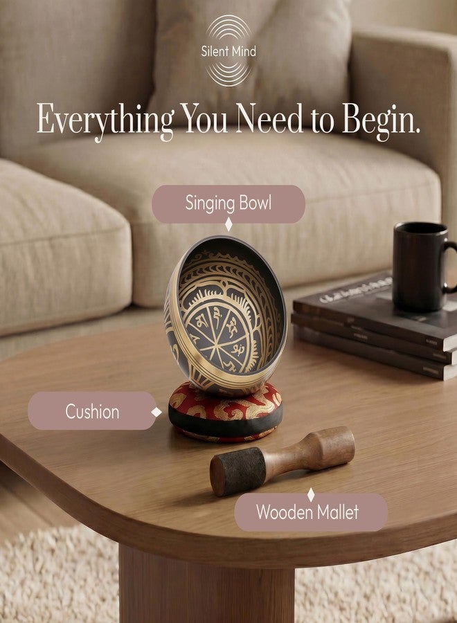 Silent Mind Tibetan Singing Bowl Set ~ Easy to Play with Dual-End Striker & Cushion ~ Beautiful Sound for Holistic Healing, Stress Relief, Meditation & Relaxation ~ Gratitude Pattern ~ Antique Light Brown Bowl - Image 5