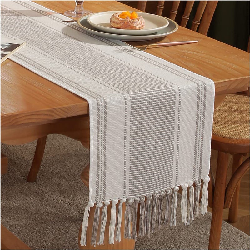 Caflife Boho Table Runner Natural Stripe for Modern Farmhouse Coffee Table Decor Rustic Woven Runner with Handcrafted Tassels for Home Dining Table dcor 13 x 72 Inch Long