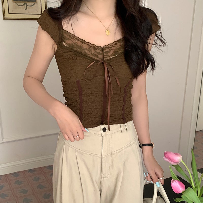 2025 Summer American Retro Brown Textured Lace Girl Low Neck Bow Stitching Short Sleeve T-Shirt For Women - Image 4