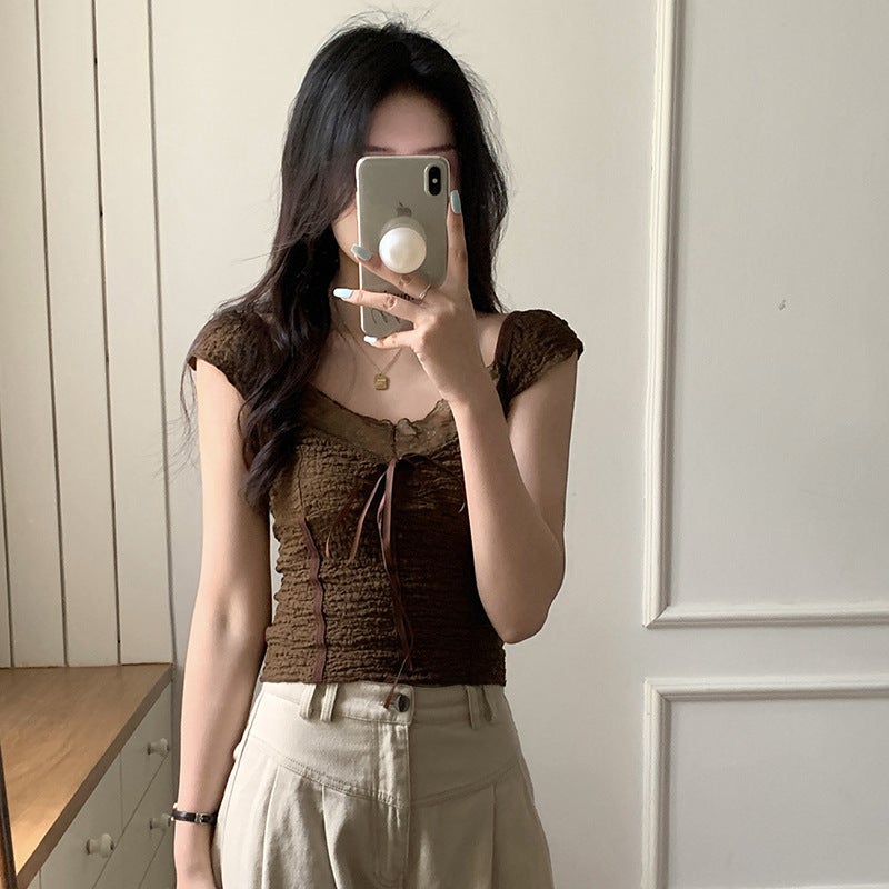 2025 Summer American Retro Brown Textured Lace Girl Low Neck Bow Stitching Short Sleeve T-Shirt For Women - Image 3