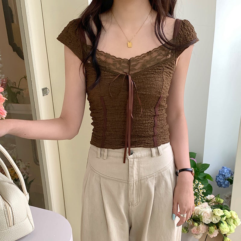 2025 Summer American Retro Brown Textured Lace Girl Low Neck Bow Stitching Short Sleeve T-Shirt For Women - Image 2
