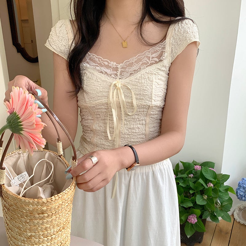 2025 Summer American Retro Brown Textured Lace Girl Low Neck Bow Stitching Short Sleeve T-Shirt For Women - Image 5