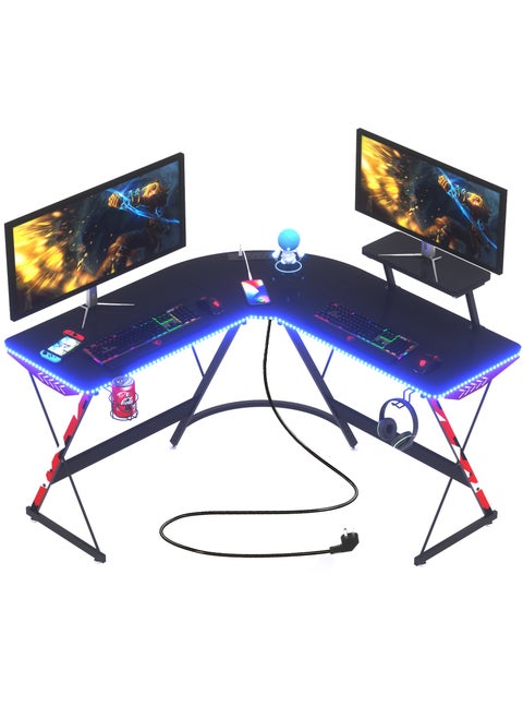 L-Shaped Computer Table,Gaming Desk With Led Lights & Power Outlets, Computer Desk with Monitor Stand & Carbon Fiber Surface, With Cup Holder Corner Desk, With Earphone Hooks Gaming Table, 134*134*74cm Black