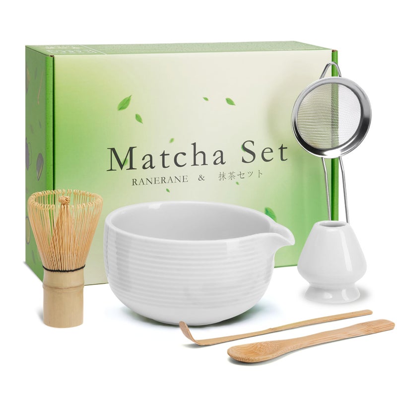 Matcha Whisk Set Ceramic Matcha Set Includes Matcha Bowl Matcha Whisk Chasen and Holder Sifter Bamboo Scoop Spoon 6 Pcs Matcha Kit for Matcha Lovers White