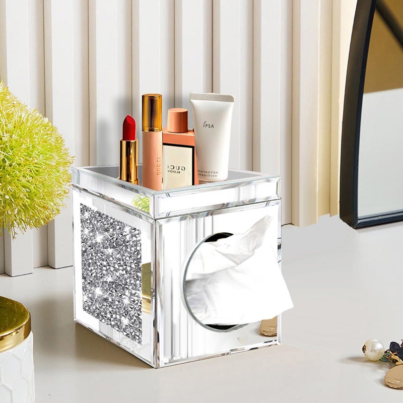 Wocred Square Tissue Box Cover Upgrades with Storage Tray,Crystal Crushed Diamond Tissue Box, Luxury Tissue Holders for Either Tissues in a Bathroom or Napkins on a Table.(6.5”x5.5”x5.5”) - Image 1