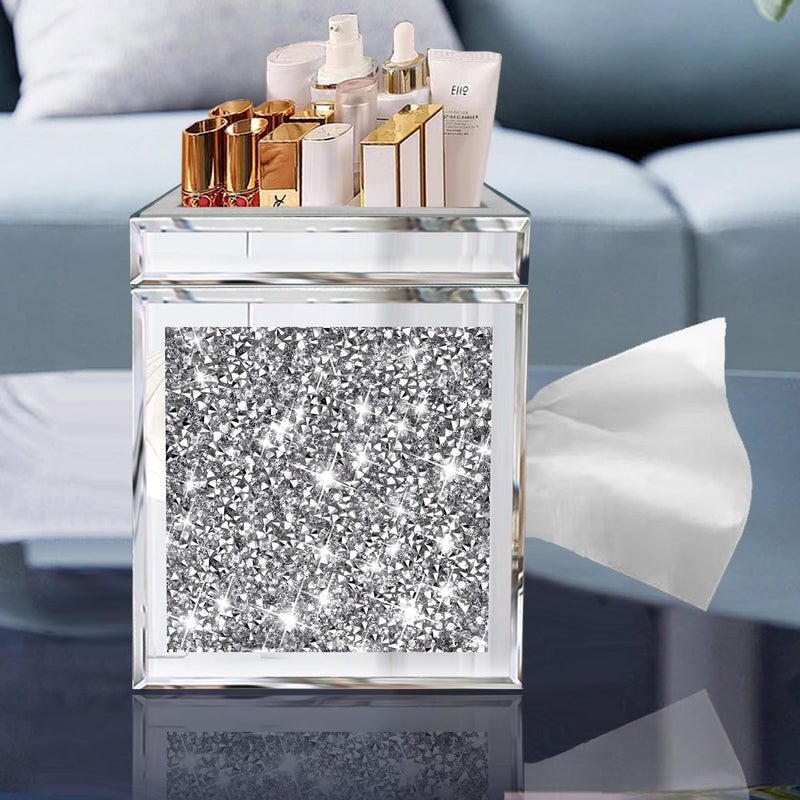 Wocred Square Tissue Box Cover Upgrades with Storage Tray,Crystal Crushed Diamond Tissue Box, Luxury Tissue Holders for Either Tissues in a Bathroom or Napkins on a Table.(6.5”x5.5”x5.5”) - Image 3