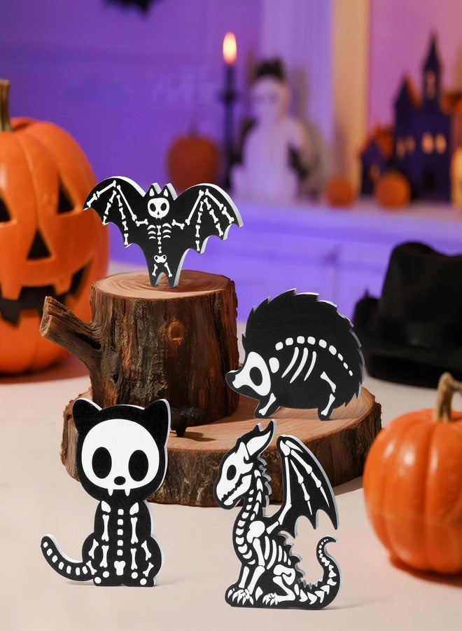 Bkeecten Halloween Tiered Tray Decor - 4pcs Skeleton Animal Halloween Tiered Tray Party Favor Centerpieces Art Decoration Supplies Home Living Room Office Desk Wooden Photo Table Topper Sign Decor - Image 4