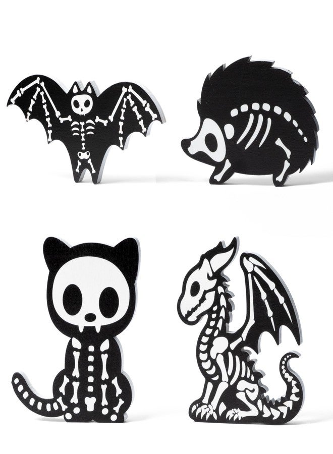 Bkeecten Halloween Tiered Tray Decor - 4pcs Skeleton Animal Halloween Tiered Tray Party Favor Centerpieces Art Decoration Supplies Home Living Room Office Desk Wooden Photo Table Topper Sign Decor - Image 1
