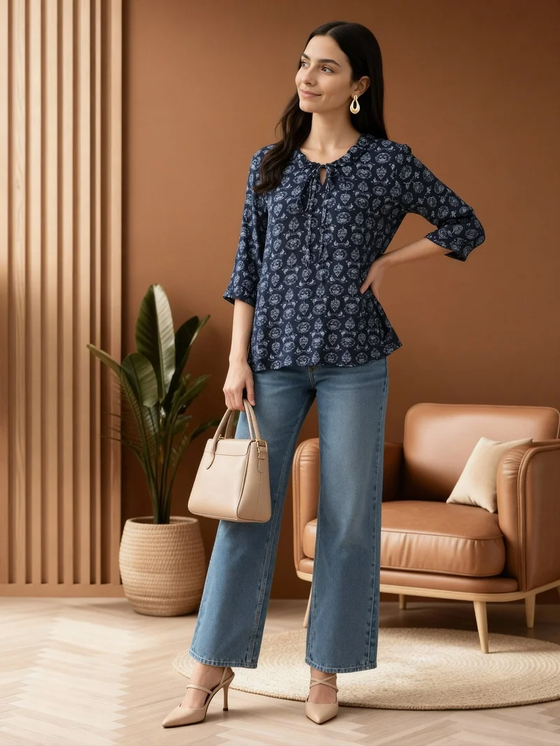 جلو باص بلوزة نسائية بطبعة عرقية وربطة عنق