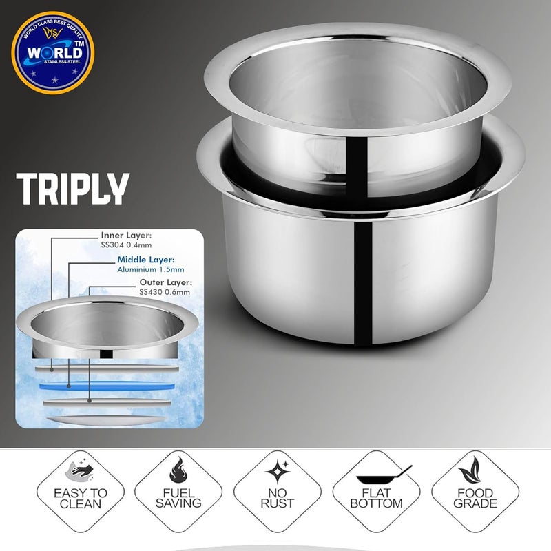 MS WORLD Stainless Steel Triply PatilaTopeBhagona for Kitchen Induction Gas Base 12 21 4 Litre Set of 3 - Image 5