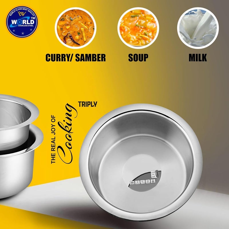 MS WORLD Stainless Steel Triply PatilaTopeBhagona for Kitchen Induction Gas Base 12 21 4 Litre Set of 3 - Image 3