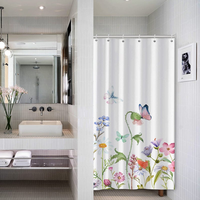 AWERT AWERT Small Half Size Stall Shower Curtain with 6 Hooks Shower Stall Curtain 36 x 72 Butterfly Wildflowers 36 inch Shower Curtain for Bathroom/RV and Camper (Butterfly) - Image 1