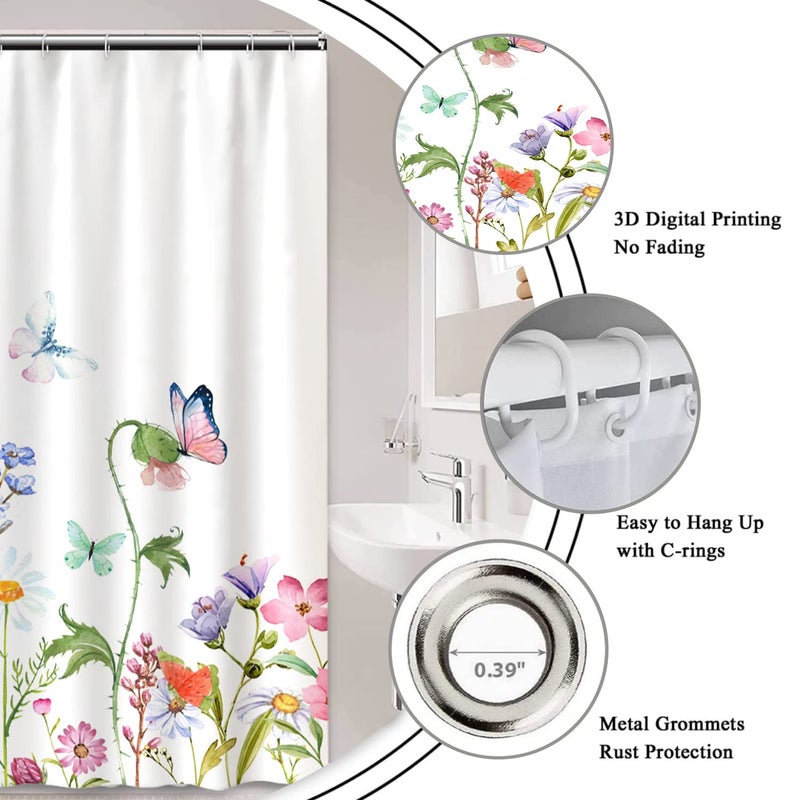 AWERT AWERT Small Half Size Stall Shower Curtain with 6 Hooks Shower Stall Curtain 36 x 72 Butterfly Wildflowers 36 inch Shower Curtain for Bathroom/RV and Camper (Butterfly) - Image 4