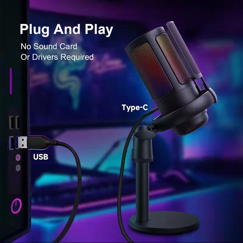 Fh FlashHawk Gaming PC USB Microphone, Desktop Podcast Condenser Mic with Pop Filter, Mute Button for Streaming, Online Chat, RGB Computer Mic for PS4/5 PC Gamer Youtuber, - Black - Image 1