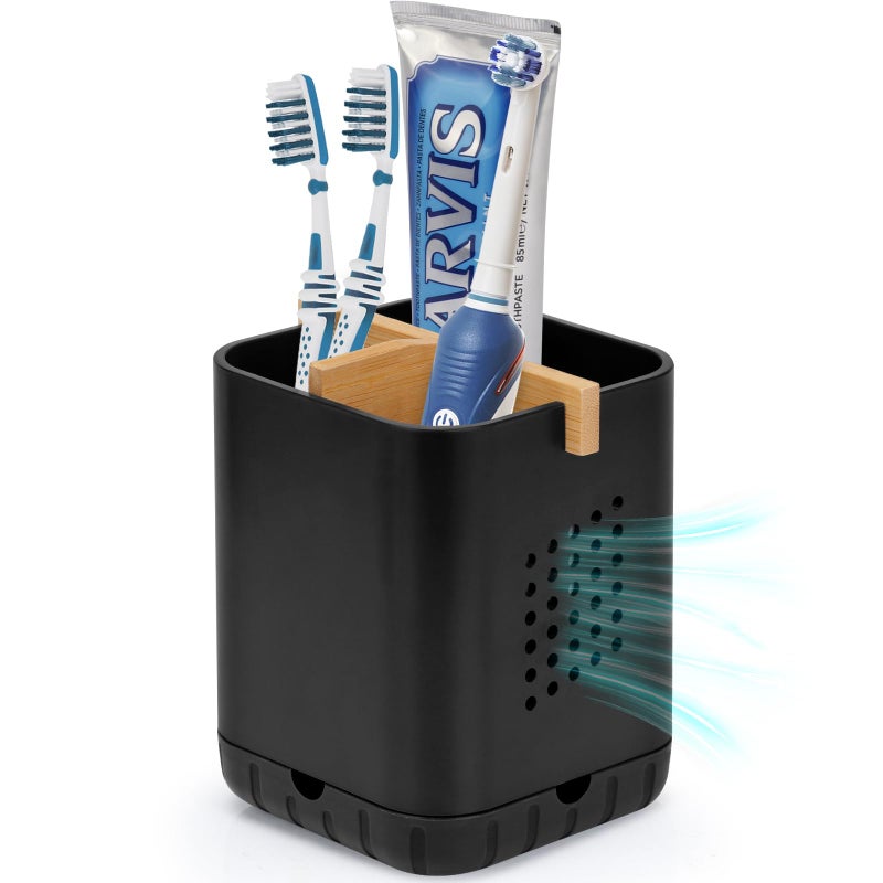 Boperzi Black Toothbrush Holders for Bathroom Electric Toothbrush Holder with Bamboo Divider Detachable AntiSlip Toothbrush and Razor Holder Drainage for Shower Toothbrush Organizer and Storage