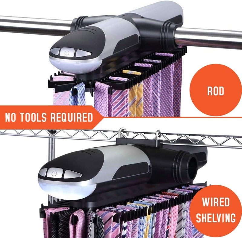 Primode Motorized Tie Rack Closet Organizer with LED Lights Includes J Hooks for Wired Shelving Stores Up to 72 Ties & 8 Belts Operates with Batteries - Image 2