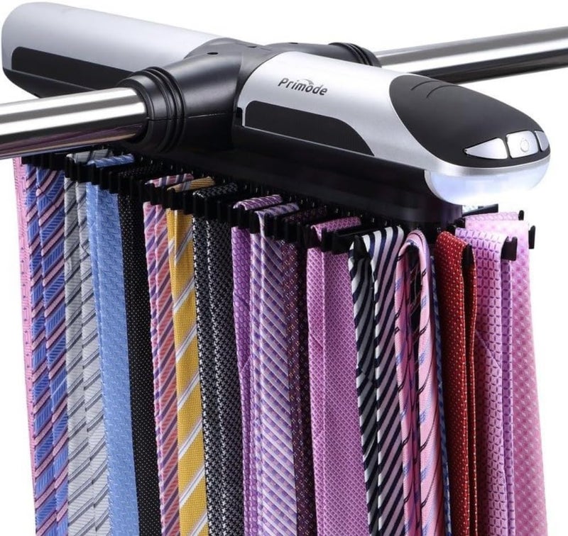 Primode Motorized Tie Rack Closet Organizer with LED Lights Includes J Hooks for Wired Shelving Stores Up to 72 Ties & 8 Belts Operates with Batteries - Image 1