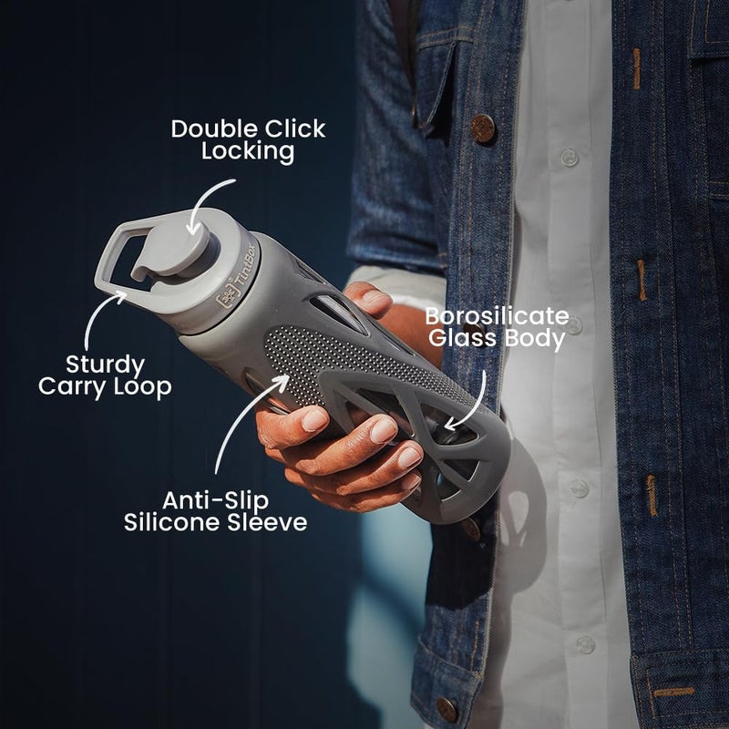 TintBox Glass Water Bottle with Protective Silicone Cover | Glass Water Bottle for Fridge, Home, Office, Gym, Travel | BPA Free | Lightning Grey & Power Blue (750 Ml) - Pack of 2 - Image 3