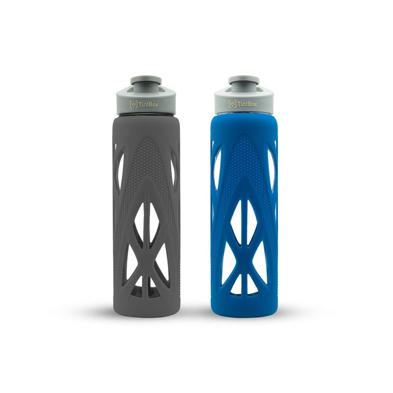 TintBox Glass Water Bottle with Protective Silicone Cover | Glass Water Bottle for Fridge, Home, Office, Gym, Travel | BPA Free | Lightning Grey & Power Blue (750 Ml) - Pack of 2 - Image 1
