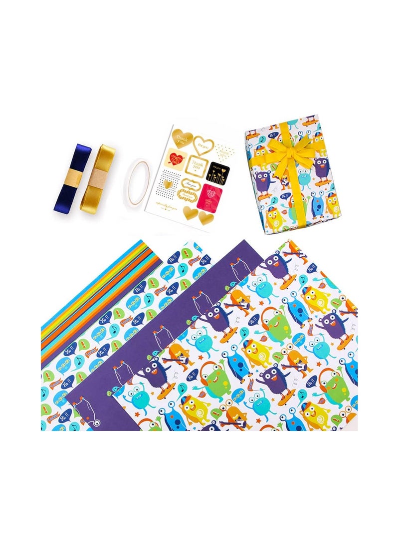 Colorful Recycled Birthday Wrapping Paper Set - 4 Sheets (50 x 70cm) with Stickers & Silk Ribbon, Perfect for Kids, Women, Men, and All Birthday Occasions. - Image 1
