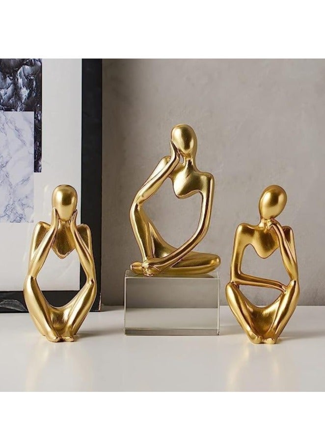CONCRETE 3 Pieces Abstract Art Sculpture Thinker Collectible Figurine for Office Bookshelf Home Decor (Gold)