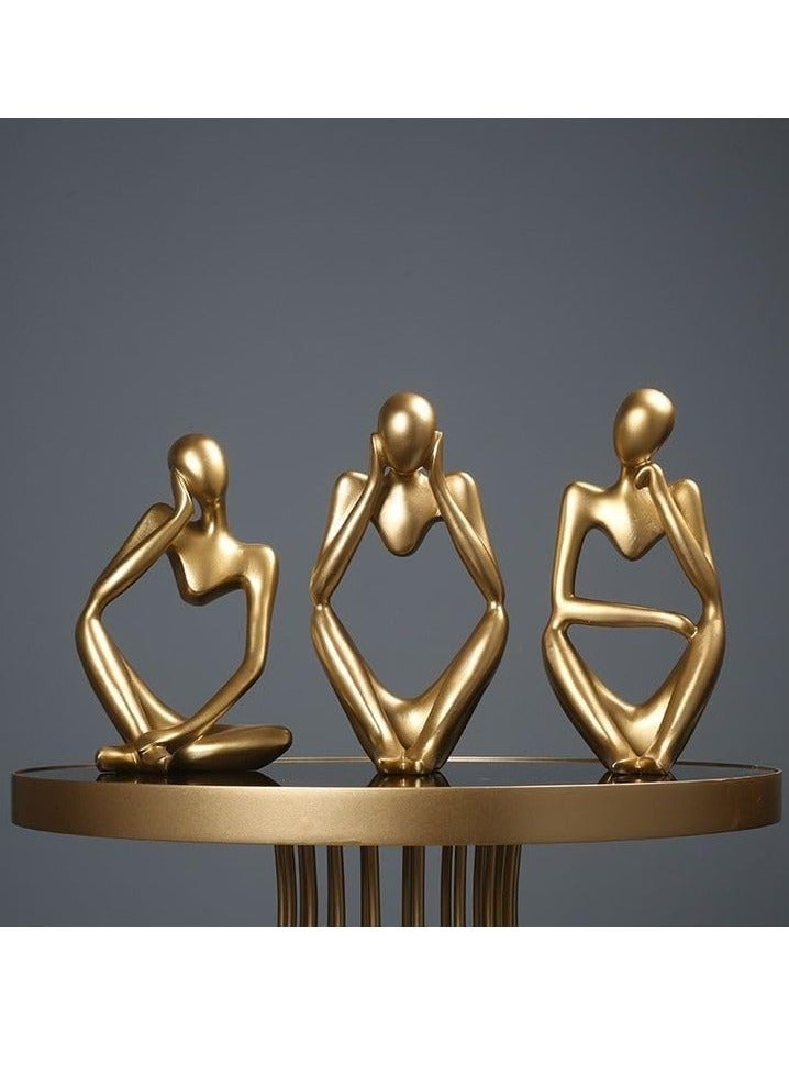 CONCRETE 3 Pieces Abstract Art Sculpture Thinker Collectible Figurine for Office Bookshelf Home Decor (Gold)