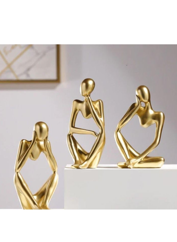 CONCRETE 3 Pieces Abstract Art Sculpture Thinker Collectible Figurine for Office Bookshelf Home Decor (Gold)