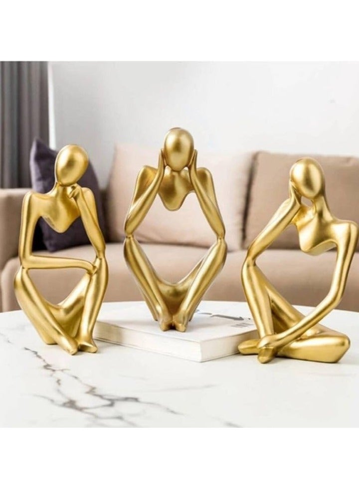 CONCRETE 3 Pieces Abstract Art Sculpture Thinker Collectible Figurine for Office Bookshelf Home Decor (Gold)