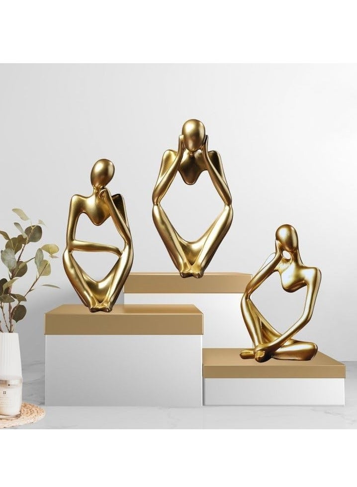 CONCRETE 3 Pieces Abstract Art Sculpture Thinker Collectible Figurine for Office Bookshelf Home Decor (Gold)