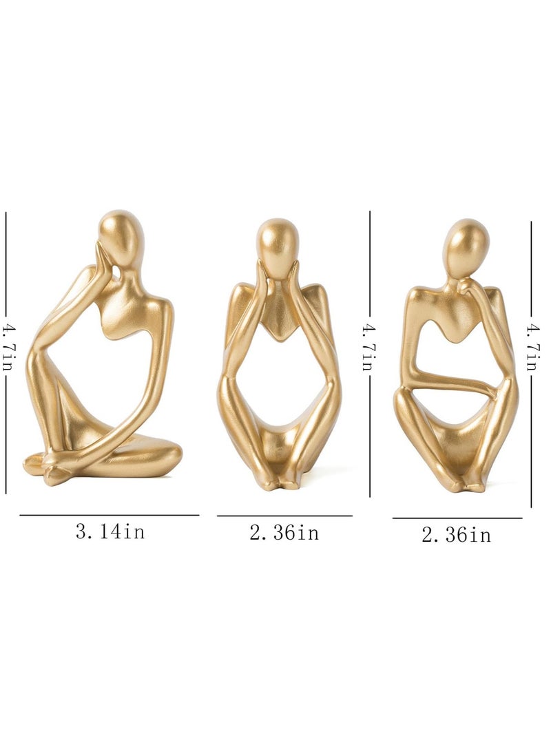 CONCRETE 3 Pieces Abstract Art Sculpture Thinker Collectible Figurine for Office Bookshelf Home Decor (Gold)