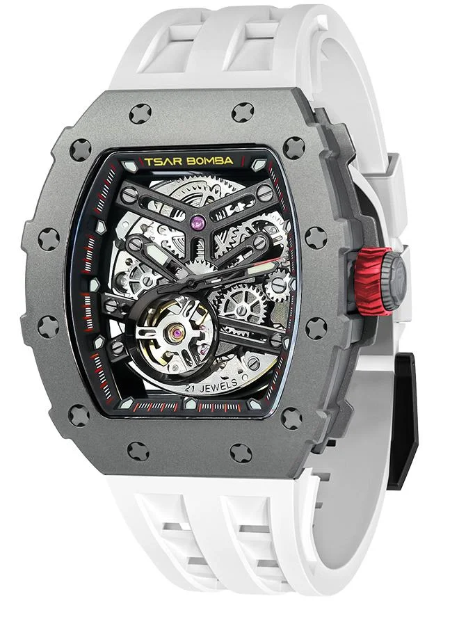 TSAR BOMBA Elemental Series 43mm Automatic Men's Watch with White Silicone Strap