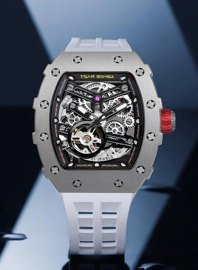 TSAR BOMBA Elemental Series 43mm Automatic Men's Watch with White Silicone Strap