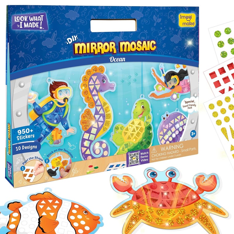 Imagimake Mirror Mosaic : Ocean | Mess Free Diy Mosaic Craft Kit | 950+ Foil Sticker | Travel Toys For Girls | Birthday Gift For Girls Ages 3,4,5,6,7,8, Cyan - Image 1
