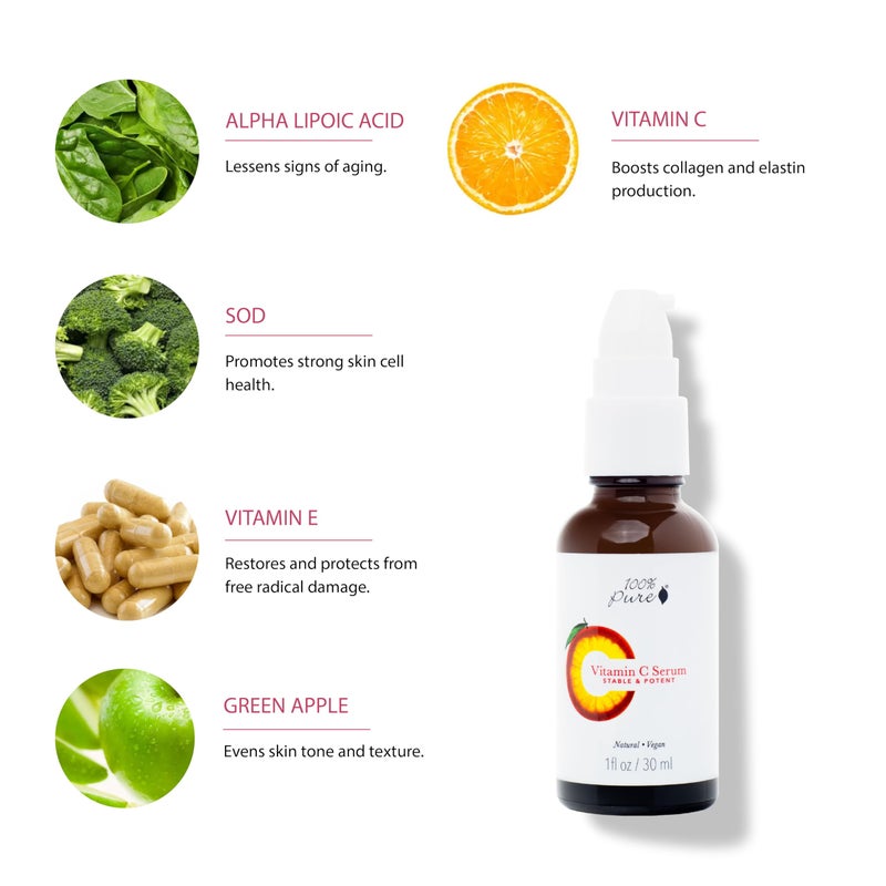 100 % Pure 100% PURE Vitamin C Face Serum Hydrating Glow Skin Care with ALA Aloe + Vitamin E Oil - Daily Firming & Correcting Anti Aging Facial Moisturizer for Women & Men All Skin Types, Vegan - 1 Fl Oz - Image 2
